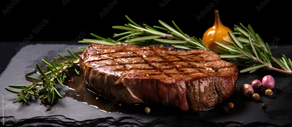 Poster a ribeye beef steak adorned with rosemary and marinated onion on a sleek black stone table, perfect 