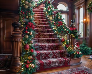 Fototapeta premium a staircase decorated with christmas decorations and garland