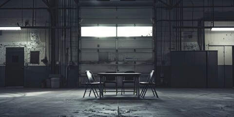 A simple arrangement of a table and chairs in a black and white photograph