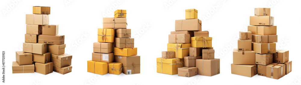 Wall mural set collection of stack of cardboard post parcel boxes isolated white background. cargo delivery tra