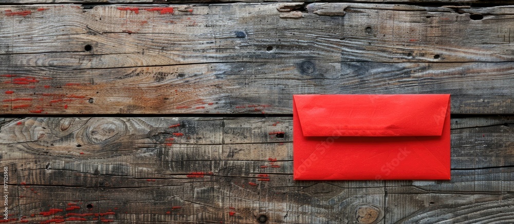 Poster A red envelope with a blank paper placed on top against a rustic wooden backdrop, creating a composition with copy space image.