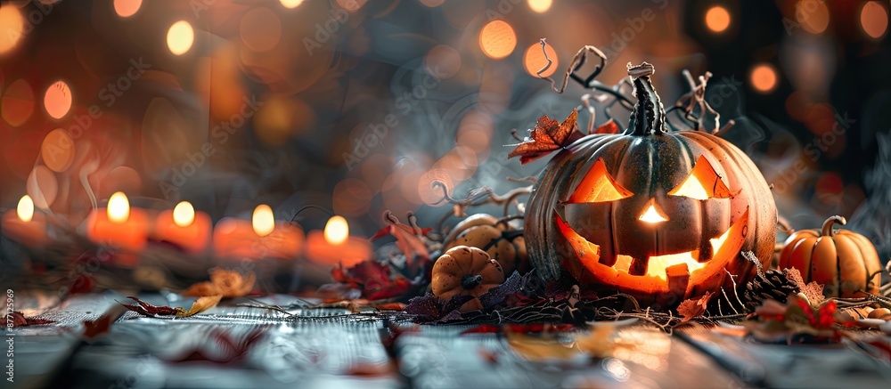Poster pumpkin decorations with potpourri on a desk with copy space image.