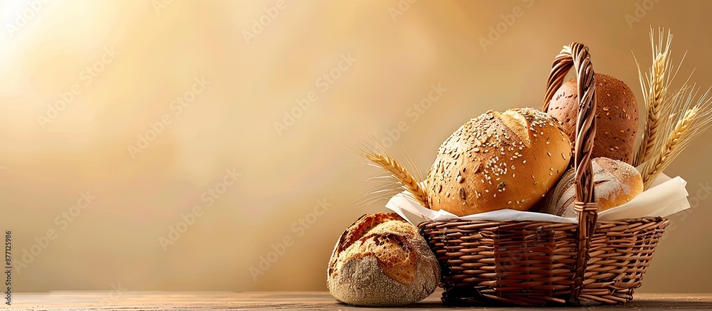 Poster Composition of various types of bread in a wicker basket with copy space image.