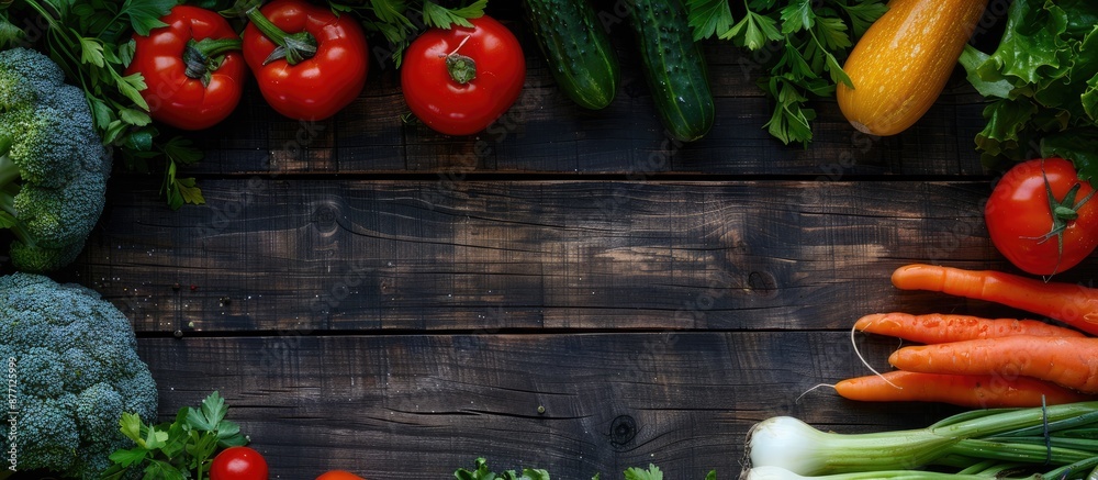 Poster A variety of fresh vegetables displayed on a dark wooden surface with ample space for additional content or text insertion in the image.