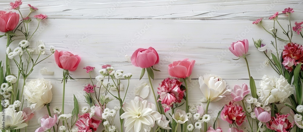 Poster create a floral decoration on a white wooden table with a background of flowers, ideal for your copy