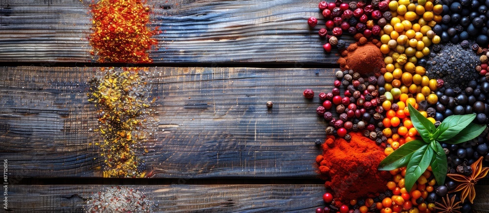 Poster Top view of a wooden table displaying an array of vibrant spices with a blank space for an image.