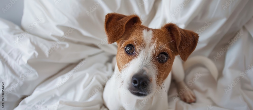 Poster charming jack russell terrier looking up at the camera from the bed in an overhead shot, with an eng