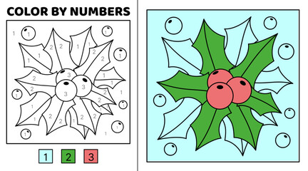 Color by number. Holly leaves and berries. Coloring page. Game for kids. Cartoon, vector.