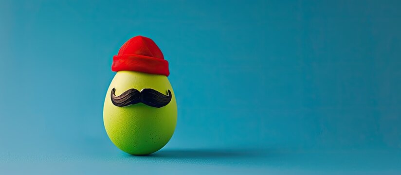 Close-up photograph of a festive green mustache egg wearing a red cap on a blue backdrop, ideal for an Easter copy space image with a minimalistic design concept.