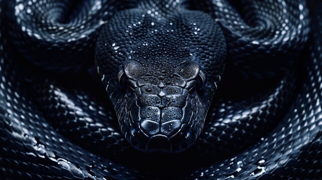  A tight shot of a snake's head adorned with water droplets