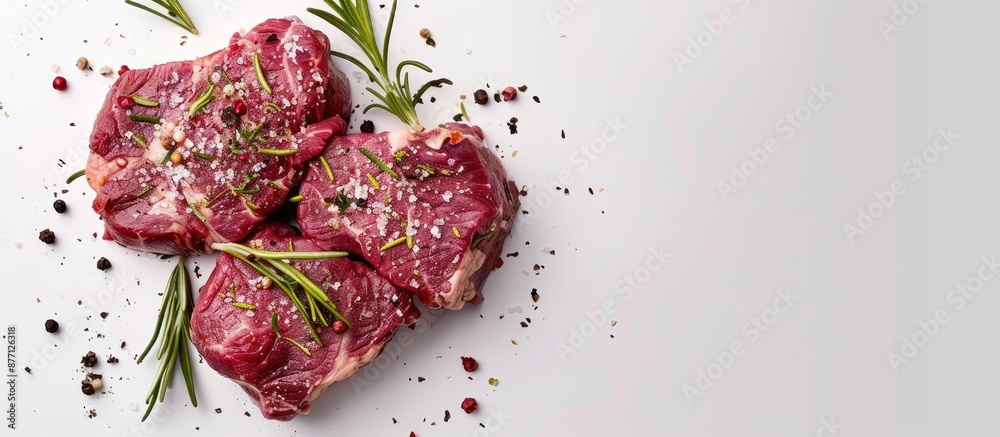 Aufkleber raw meat seasoned with spices, with a rustic appearance, displayed against a plain background in a c