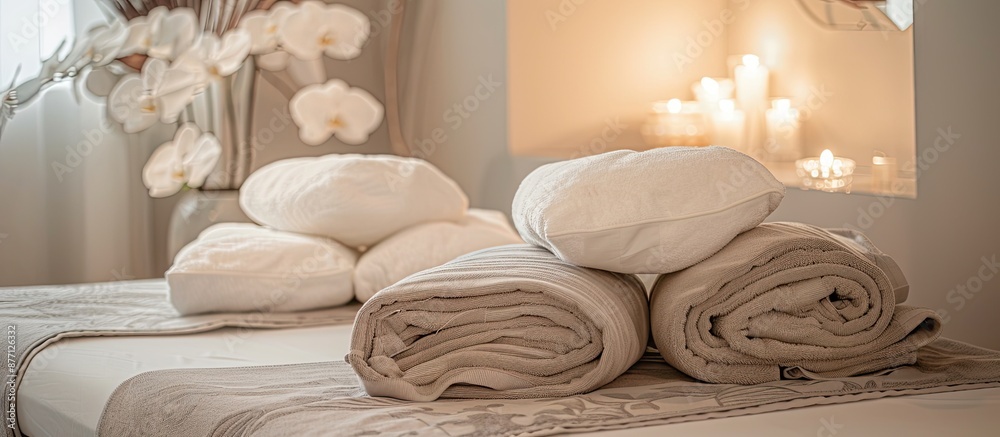 Poster The treatment table is adorned with pillows and towels, creating a serene atmosphere with the potential for a copy space image.