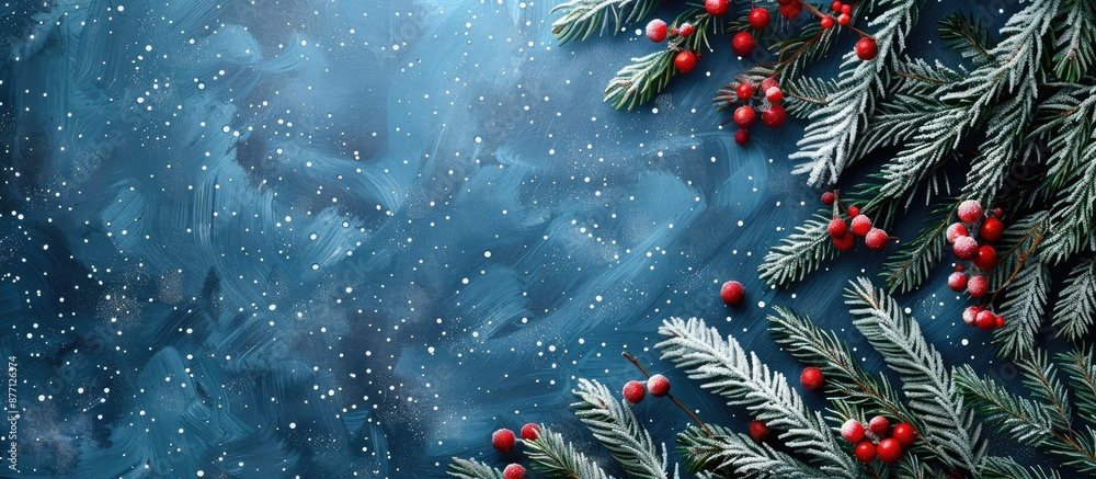 Aufkleber snow-textured blue background features decorated christmas fir tree branches with copy space image.