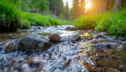 Tranquil Forest Stream with Glistening Water, Crystal Clear Flowing Water in Nature, Peaceful Stream Scene, Life in the Wilderness, Natural Beauty of a Forest Creek