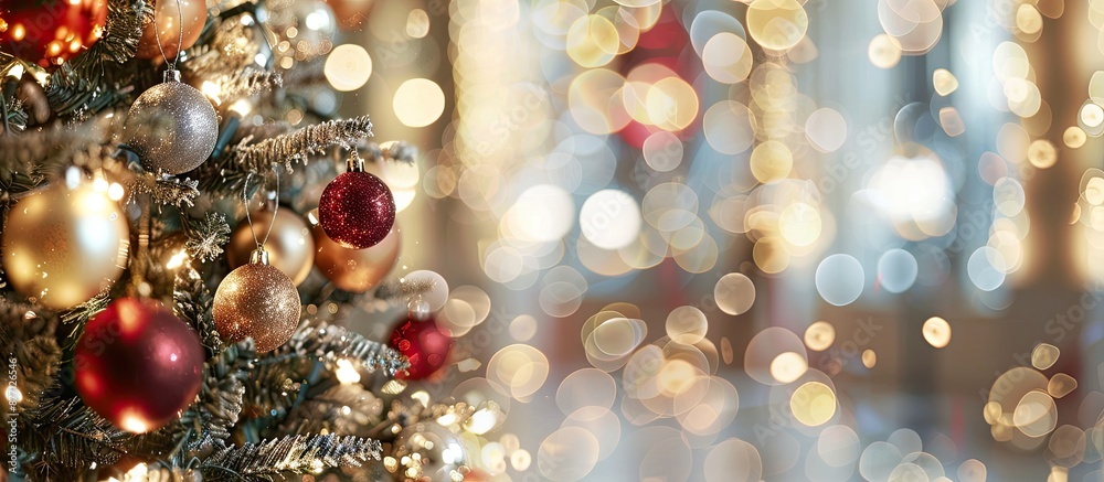 Poster a christmas tree adorned with crystal noel balls is shown in a photograph with a blurred background,