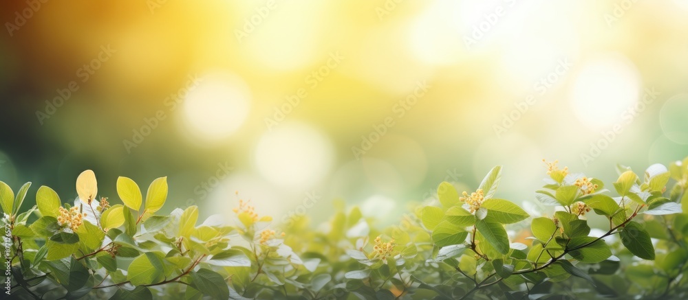 Aufkleber Create a picturesque setting with a blurred foliage background and vibrant summer sun rays for your text or advertisement, with copy space image.