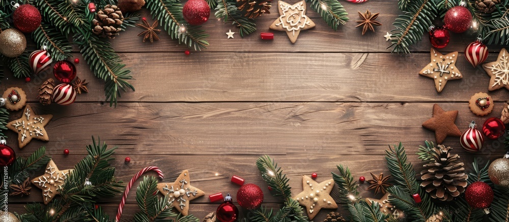 Poster rustic wooden board adorned with fir branches, christmas ornaments, and cookies, forming a festive h