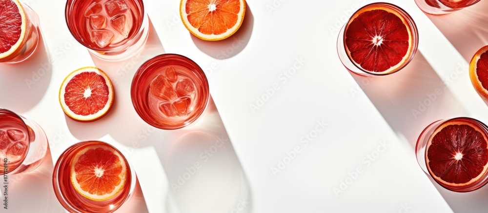 Poster flatlay image of negroni cocktails with blood oranges on a white background, featuring shadows and p