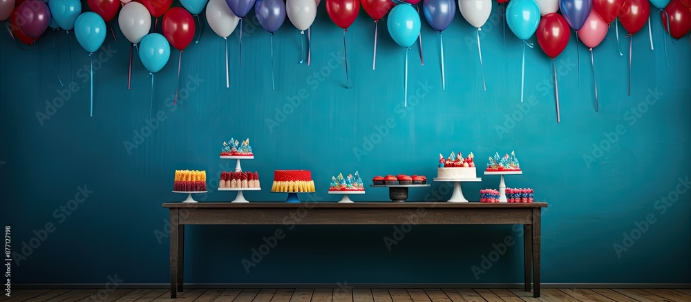 Aufkleber Table set up with colorful streamers, cupcakes, and a blank area suitable for adding an image.