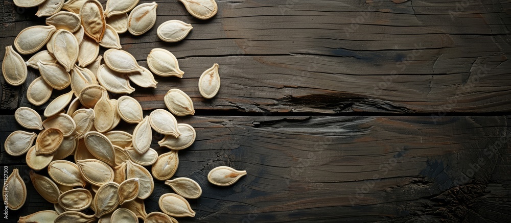 Poster arrangement of pumpkin seeds on the left side of the photo, set against a dark wooden backdrop, crea