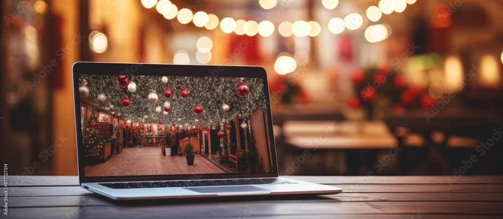 Aufkleber a laptop displaying a copy space image rests on a table, surrounded by festive christmas decorations