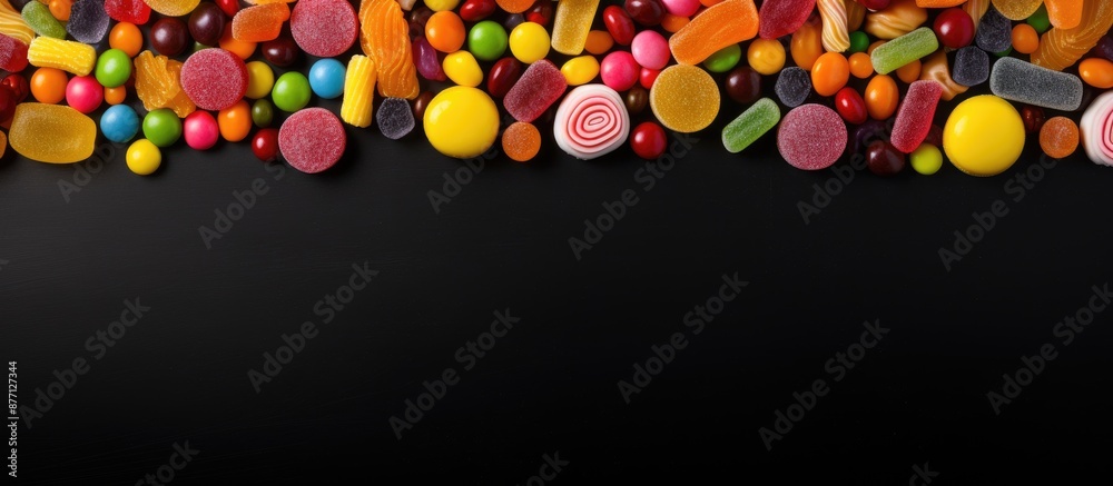 Poster a collection of vibrant candies arranged in a frame against a dark backdrop, with space for text or 