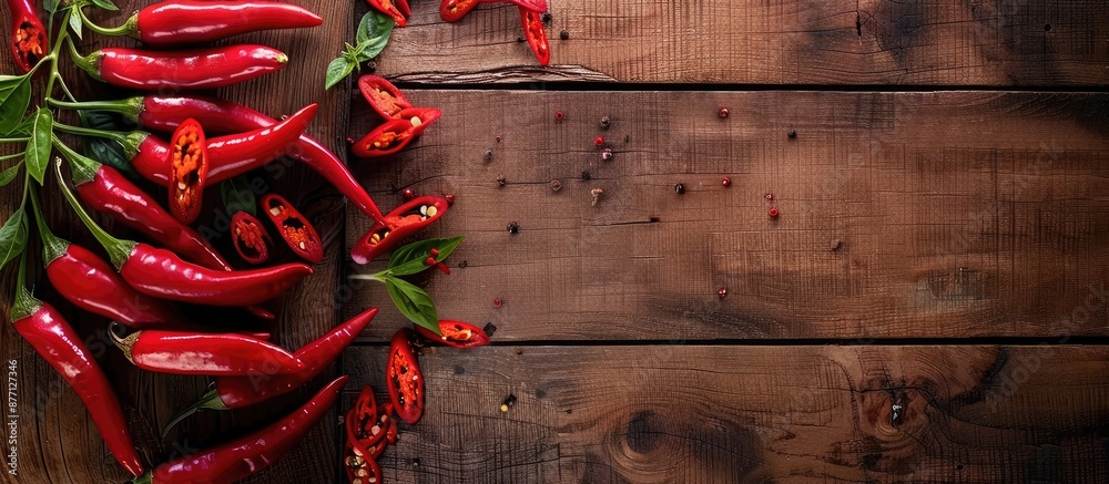 Aufkleber top view of fresh red chillies arranged on a wooden board with a background designed for quotes and 