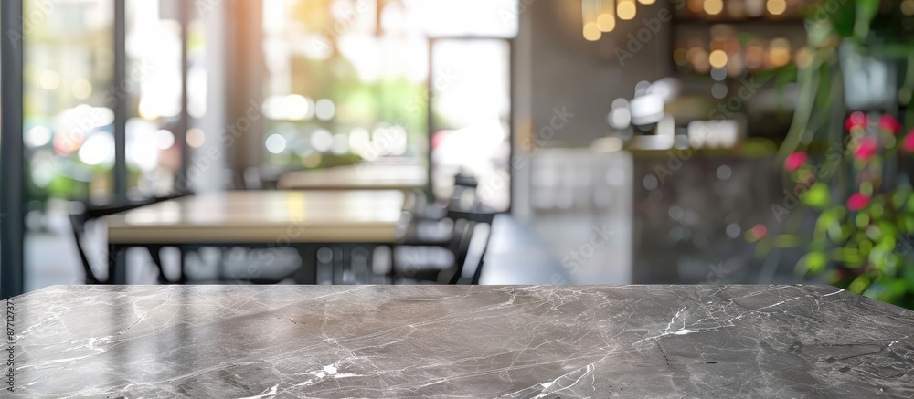 Leinwandbilder Empty table space with a grey Emperador marble stone tabletop on a blurred cafe minimal kitchen counter in a bright color mood for product display with copy space image.