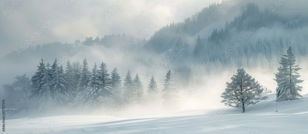 Poster scenic mountain blizzard with clouds, fog, and trees in mist on a snow-covered meadow on a cold wint