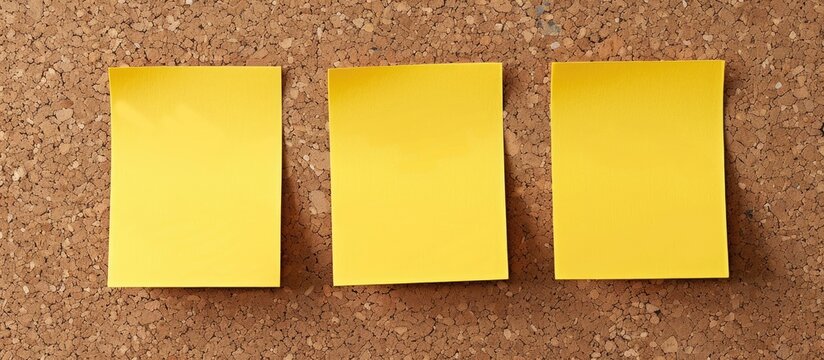 Three blank sticky yellow notes on a cork board, providing space for an image.