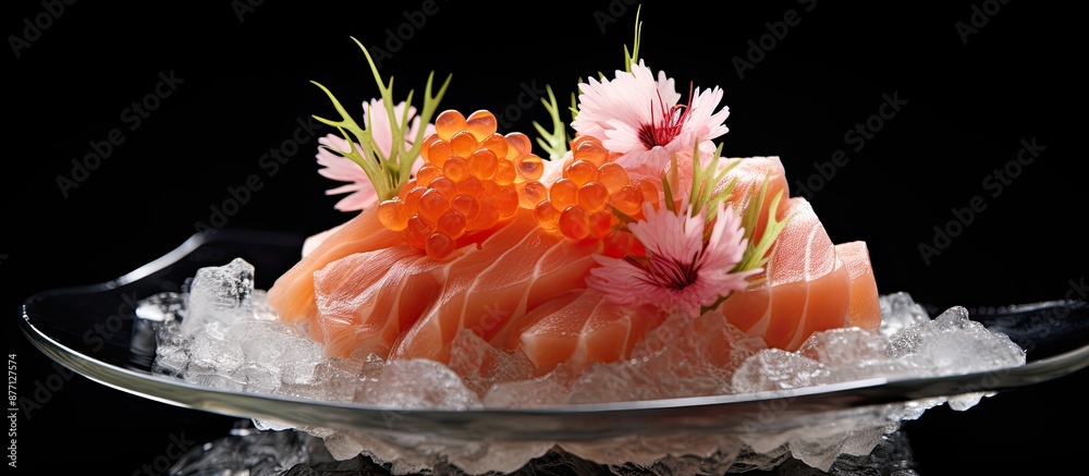 Aufkleber japanese-style presentation of salmon sashimi on a flower-shaped ice bowl boat, isolated against a b