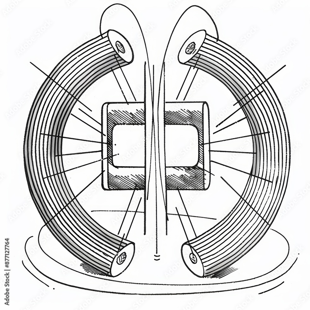 Poster A line diagram showing the interactions of a magnet and coil - for a highschool audience thick lines