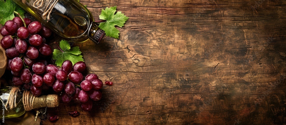Poster A rustic background with grape seed oil, grist, and bunches displayed on weathered wood with copy space image.