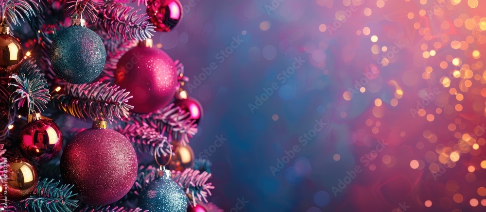 Poster tree adorned with christmas balls for a festive copy space image.