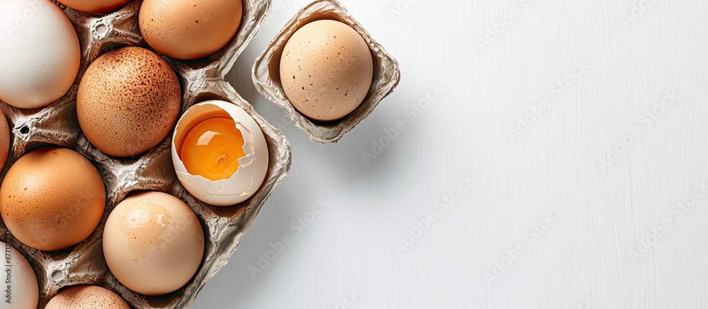 Poster eggs, fresh and appetizing, arranged in egg cartons on a white background with copy space image.