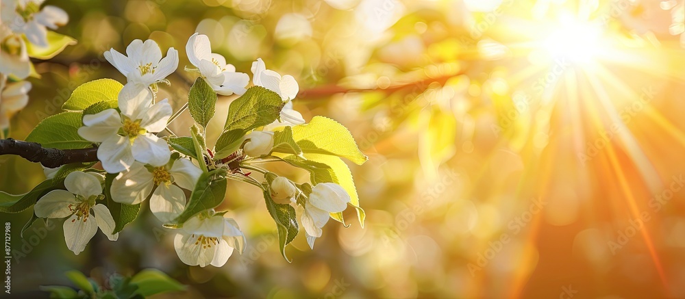 Sticker a stunning apple tree branch with white blossoms basks in the sunlight during spring, creating a ser