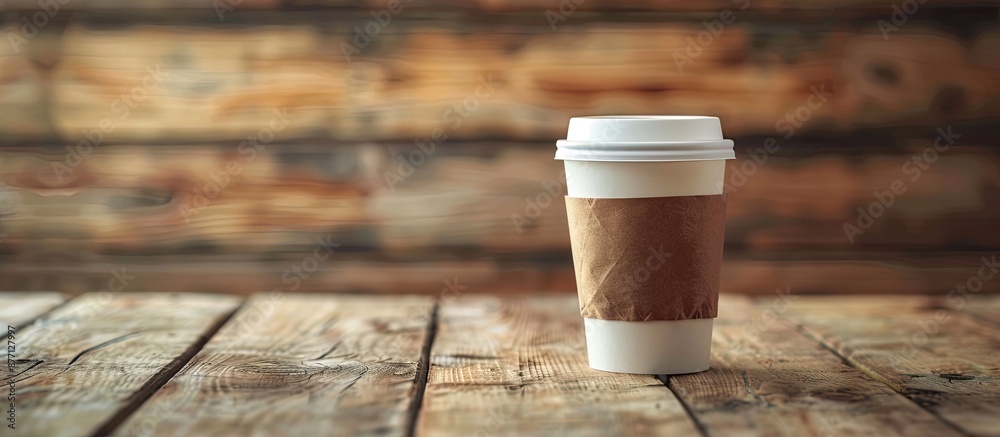 Poster coffee to-go cup placed on wooden surface with room for text or advertisement in the background.