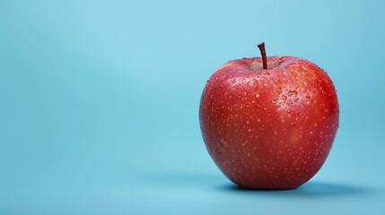 A single, red apple with water droplets on its surface, sits against a blue background.
