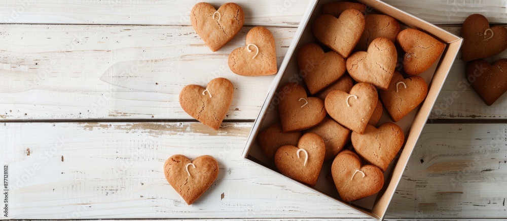 Poster Heart-shaped cookies in a box on a white wooden table seen from above with a background available for adding text, copy space image.