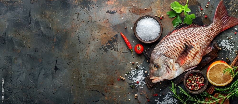 Poster raw tilapia fish prepared with salt and spices, perfect for cooking, with a blank space for adding a