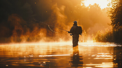 National Hunting and Fishing Day in the USA. a man is fishing with a fishing rod