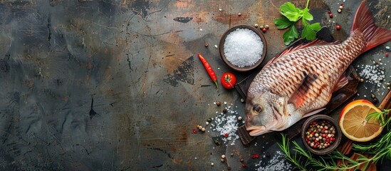 Raw tilapia fish prepared with salt and spices, perfect for cooking, with a blank space for adding a custom image.