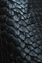  A tight shot of black snake skin, adorned with water droplets on its shimmering scales