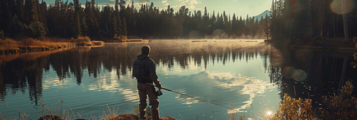 National Hunting and Fishing Day in the USA. a man is fishing with a fishing rod