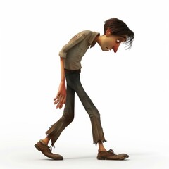 A man walking, one step in front of the other, in profile, sad, back bent, arms hanging down, 3d cartoon