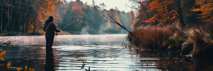 National Hunting and Fishing Day in the USA. a man is fishing with a fishing rod