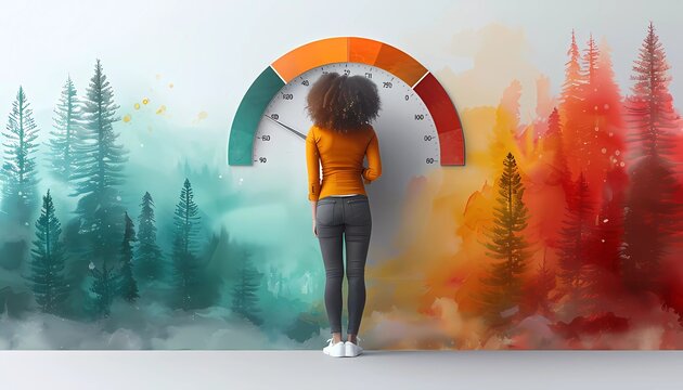 Stress Reduction Chart, businesswoman adjusting the meter to decrease stress or risk levels.