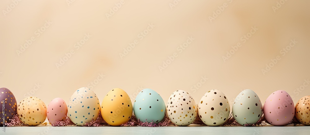 Poster easter-themed composition featuring decorated eggs on a beige backdrop with copy space image.