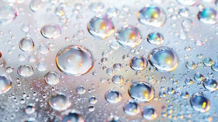 Macro water droplets on glass surface texture background image. Vibrant rainbow reflections drops photo backdrop wallpaper realistic. Abstract and ethereal concept photorealistic