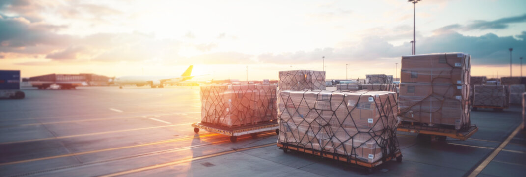 Air cargo logistic containers freighter, import export goods of freight global, process of handling, luggage loading with high loader at the airport